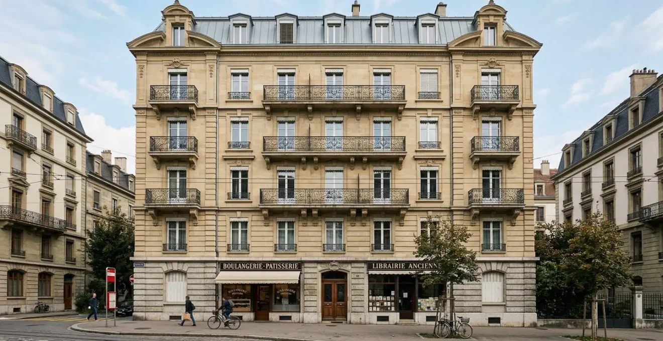 Façade d'immeuble haussmannien typique de Genève vue depuis la rue avec lumière de fin d'après-midi