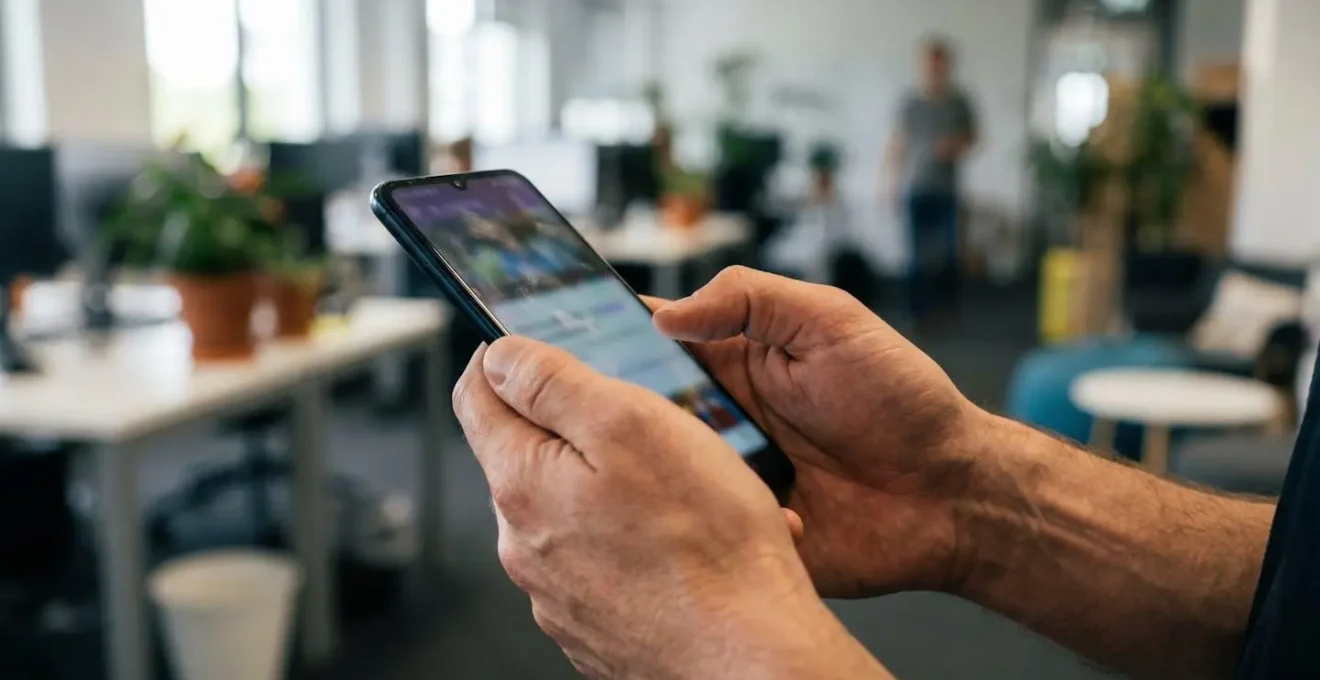 Mains d'une personne tenant un smartphone avec un écran flouté dans un bureau moderne