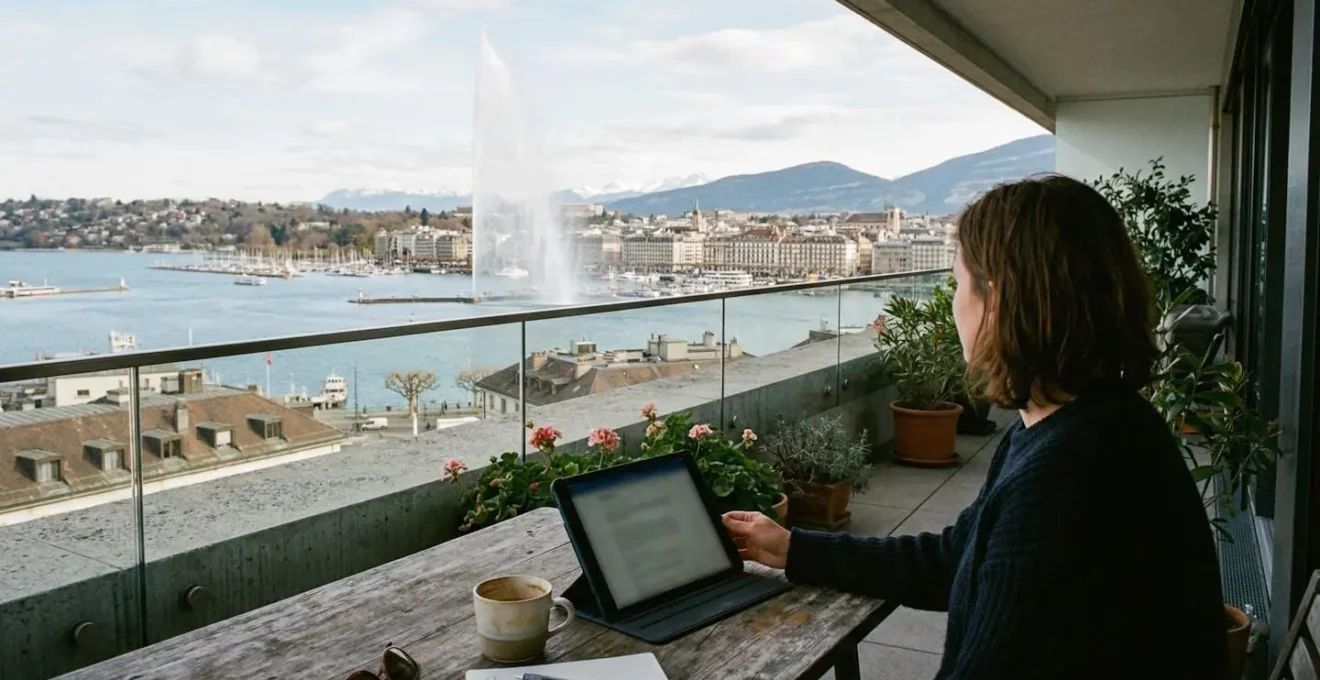 Vue sur le jet d'eau de Genève depuis une terrasse d'appartement moderne avec une tablette posée sur la table