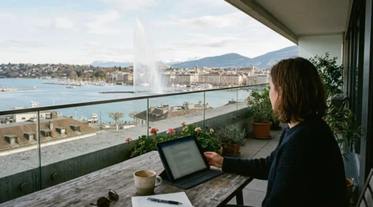 Vue sur le jet d'eau de Genève depuis une terrasse d'appartement moderne avec une tablette posée sur la table